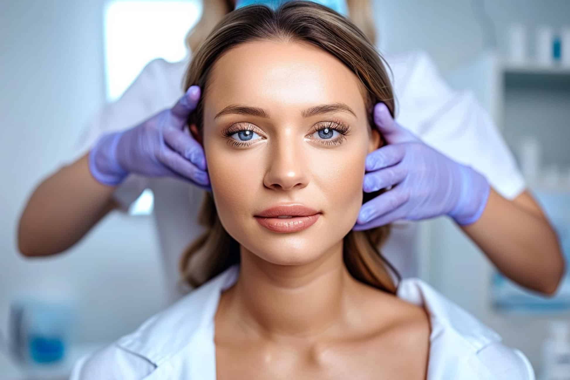 A beautiful woman while the doctor stands behind wearing gloves; the background of an aesthetic clinic,
