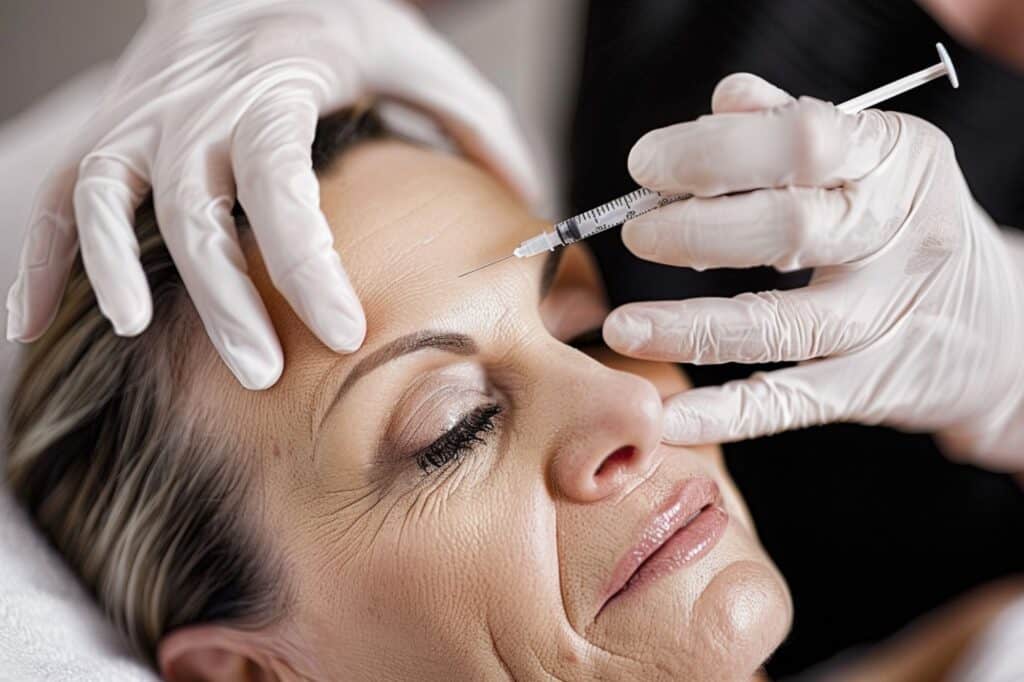 An elderly woman receives a Botox treatment on her forehead