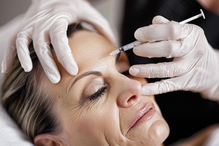 An elderly woman receives a Botox treatment on her forehead