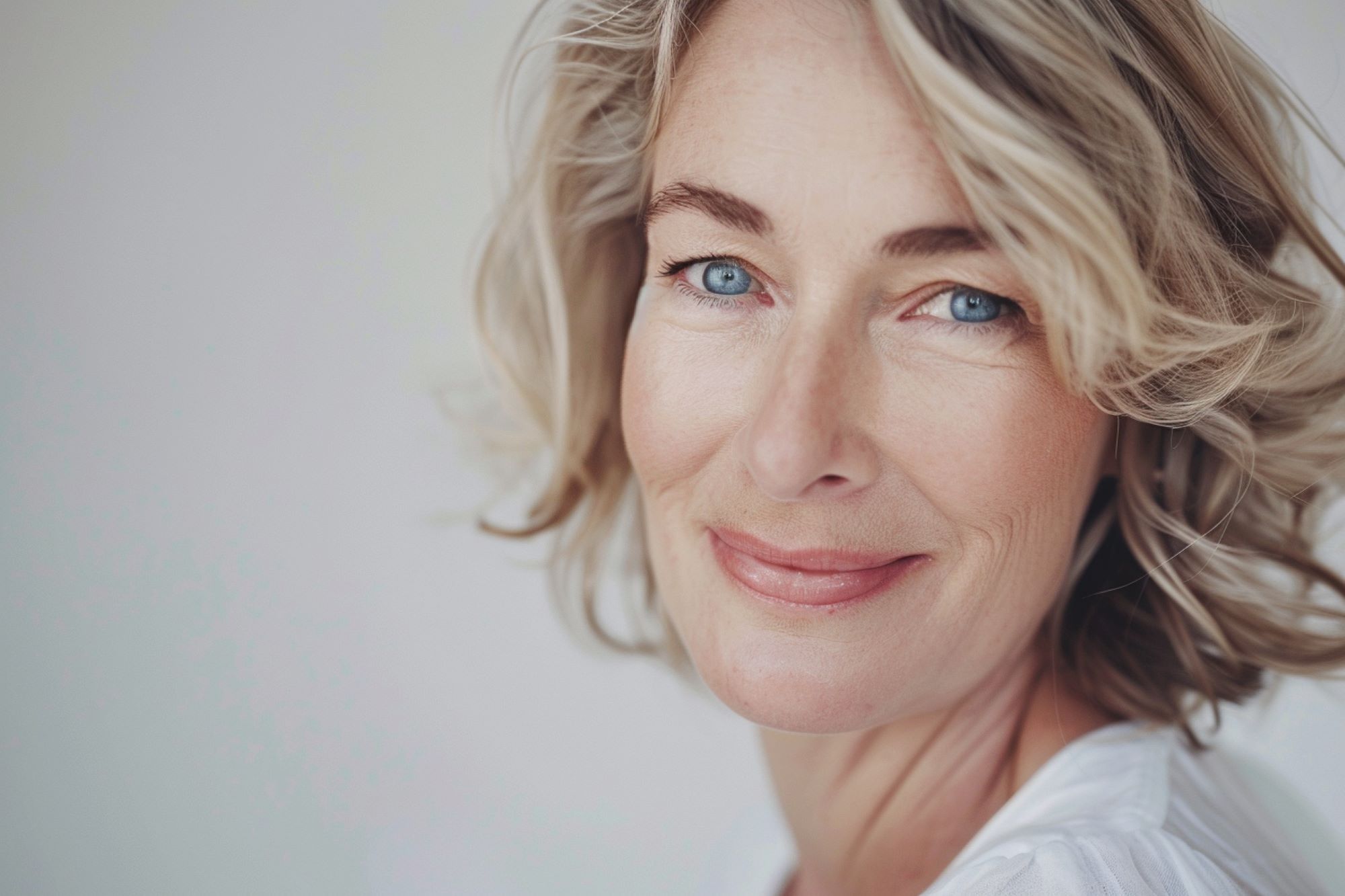 Close up portrait of a beautiful smiling mature blonde woman with blue eyes